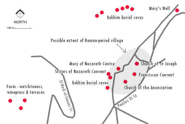 Map of Nazareth showing Romans period archaeological sites