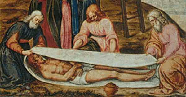 Wrapping Jesus' body in a burial shroud